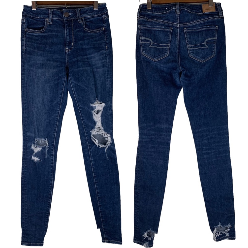 American Eagle Blue Medium Wash Distressed Hi-Rise Jegging Long Denim Jeans